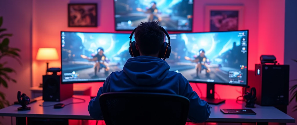Create an image of a streamer playing Overwatch but horizontally so that the whole setup can be seen and that the streamer can be seen from behind, not from the side, please, and that the image can be seen horizontally so that it looks animated.