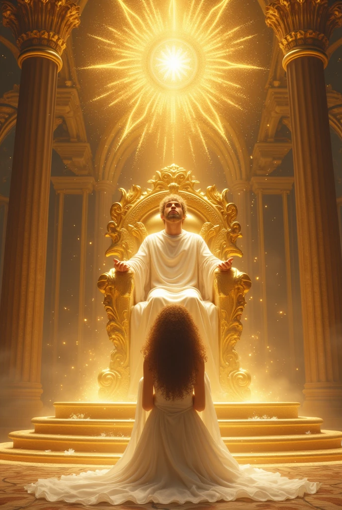 Beautiful and mystical curly-haired woman dressed in white with a royal court dress, prostrate in deep worship offering her life and work to the biblical God sitting on his golden throne brighter than the sun and made with all the stars in heaven