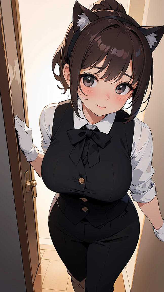 score_9, score_8_up, score_7_up, source_anime, 1girl, black eyes, room, wariza, medium hair, messy ponytail, dark brown hair, gradient hair, portrait, solo, Adult woman, best perfect anatomy, thin, curvy body, flat breasts, curvy body, close up shot on person, a woman showing embarrassment, shy face, blush, light smile, close up shot on person, pov_doorway, a woman showing his hand, mature woman standing poses, wear cat ear kitten headband, white shirt, black tie, format black vest, Long-sleeved shirt, white format gloves, black trousers, dynamic angle. perfect dynamic composition, foreshortening, dramatic shading, night days, volumetric lighting, hotel room background,