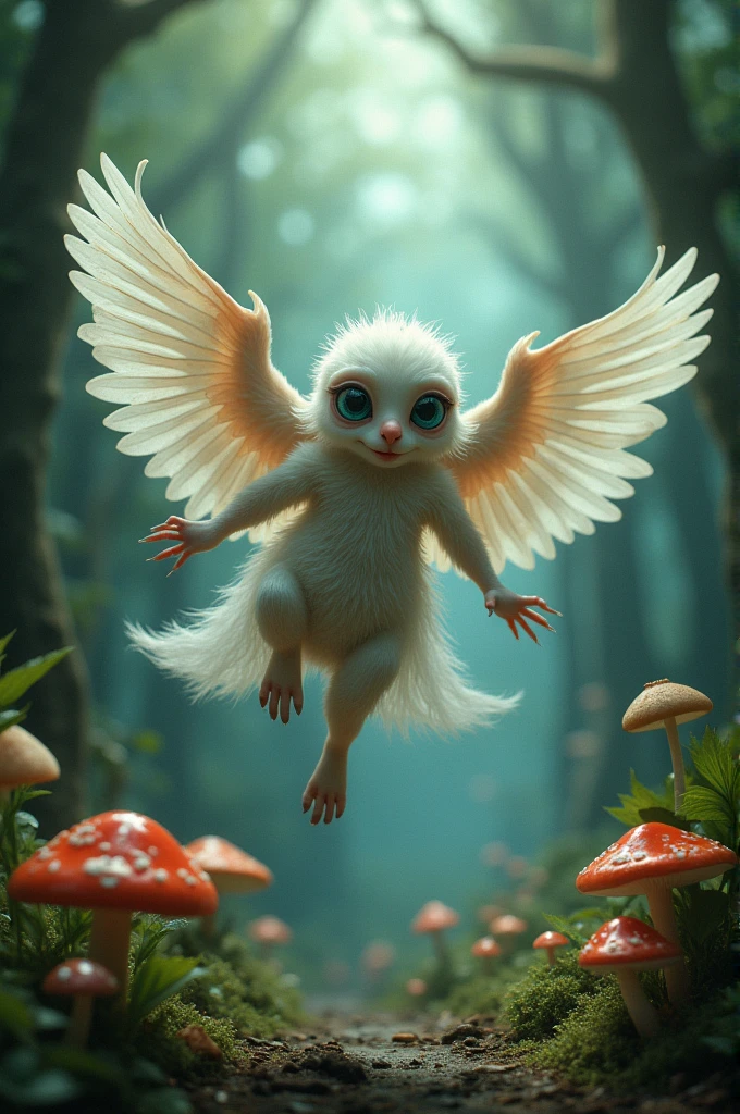 The creature, Melanie Martinez crybaby with four eyes and wings flying in a forest with mushrooms