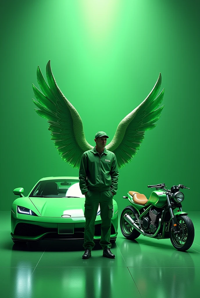 An image with a quartz green background, who owns a green car and a green motorcycle and who makes reference to vehicle maintenance. There must be a green angel in the image and a Stone company symbol in the background.