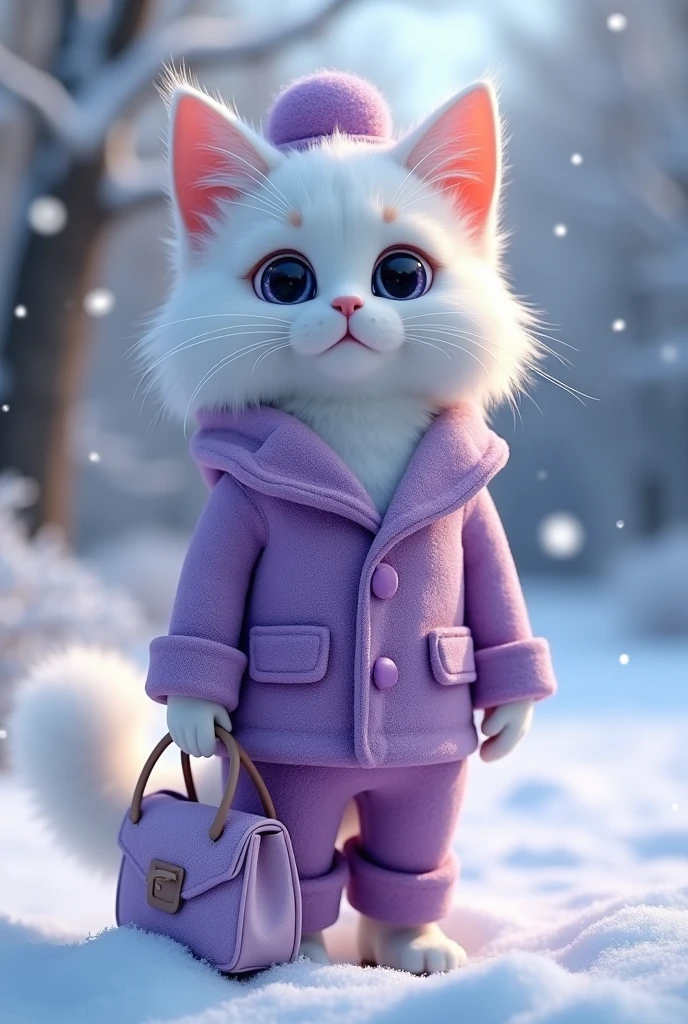 cute cat+Snow-white fur,Big bright eyes,A kind smile,A kind smile,Open your mouth!!!,Dress up as a fashion model,Wearing a stylish purple crystal textured suit,Hats and handbags,Fluffy Snow White,Big bright eyes,Big bright eyes,stand,Fluffy tail,Winter is coming,The snow is falling gently,Highly detailed 3D animation renders symmetrical central position, Ultra-realistic, Super detailed, Deluxe, 3, Cinematic Light, Extremely sharp details, Ultra-transparent material, Close-up, Complex Texture, Octane Lend, Zubrash, 8k, Ultra-realisticなUREAL