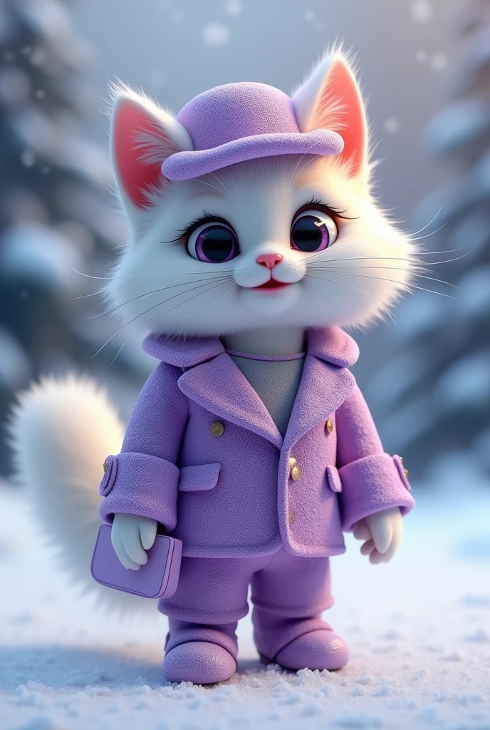 cute cat+Snow-white fur,Big bright eyes,A kind smile,A kind smile,Open your mouth!!!,Dress up as a fashion model,Wearing a stylish purple crystal textured suit,Hats and handbags,Fluffy Snow White,Big bright eyes,Big bright eyes,stand,Fluffy tail,Winter is coming,The snow is falling gently,Highly detailed 3D animation renders symmetrical central position, Ultra-realistic, Super detailed, Deluxe, 3, Cinematic Light, Extremely sharp details, Ultra-transparent material, Close-up, Complex Texture, Octane Lend, Zubrash, 8k, Ultra-realisticなUREAL