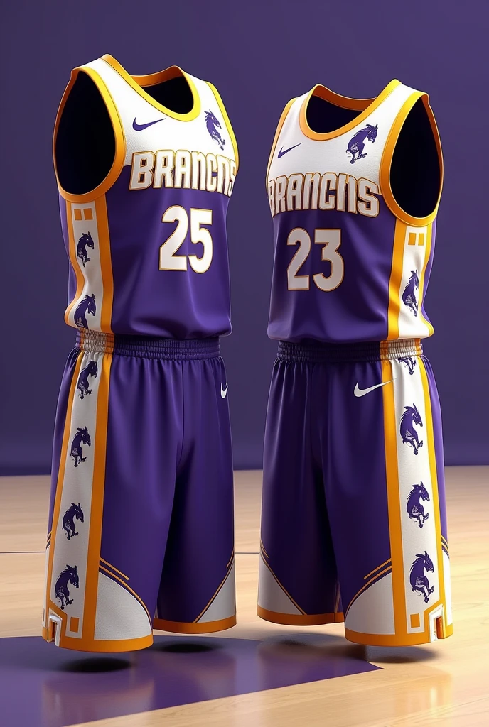 Create a Broncos basketball uniform that has only the gold colors, white, purple and a horse print and use less gold use more purple