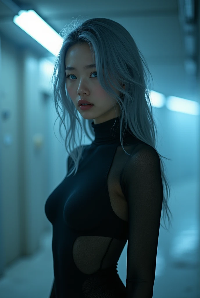 (nsfw:1.4), masterpiece, Best Quality, hyper Realistic, A mysterious and sophisticated beautiful model, identity hidden, all body shot, with blue eyes wears futuristic and sexy fashion art. 18-years-old, beautiful and sexy Japanese girl is climbing at a wide angle, standing and random posing, with her full body in frame. gray arranged hair, light color eyes, Realistic skin, Detailed face, , small head. /// detailed clothes, Her outfit includes see-through BLACK high-legs bodysuit, black Low-rise leggings, (waist skin), adding a minimalist beauty., She accessorizes with futuristic accessories and wears technical sneakers. Her demeanor exudes harmony and striking simplicity, The wear hugs her body tightly, accentuating her curves and digging sensuously into her skin, /// small head and face, Detailed wide Duck mouth, half open mouth, perfectly aligned teeth, perfect beautiful wide teeth, light blue eyes, half open eyes, shiny Droopy eyes, looking other, /// She is situated within the interior of a futuristic colony, in the deep night, with mist drifting and steam rising from concrete