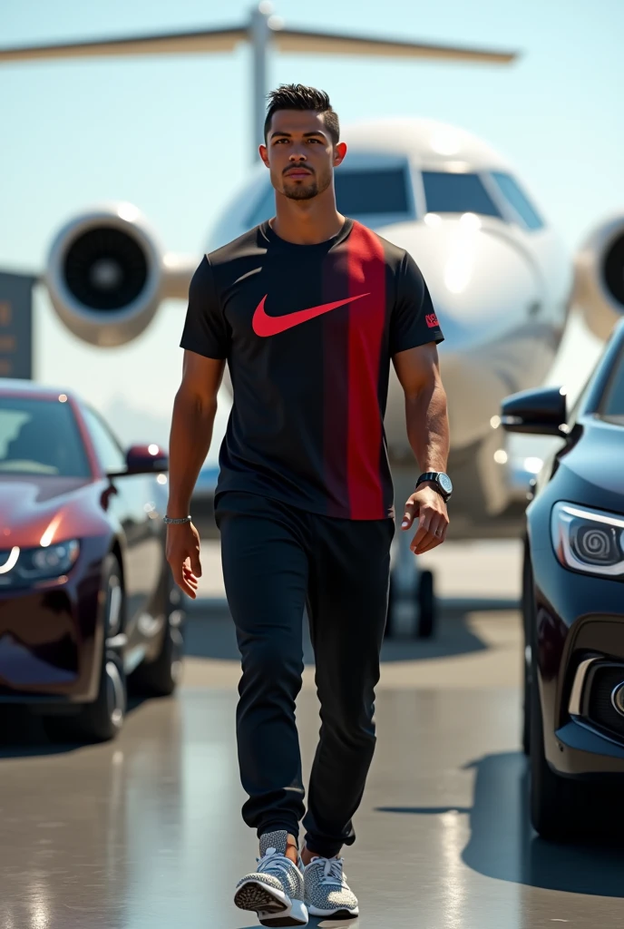 Cristiano Ronaldo ;à l'aéroport de Washington où quatre voitures lui suivent;un jette privé qui l'attend;portant un montre en diamant,une lumière claire luxe;un t-shirt noir rouge nike luxe;un pantalon noir luxe ;des chaussures de luxe montante ;monte dans le jette privé 