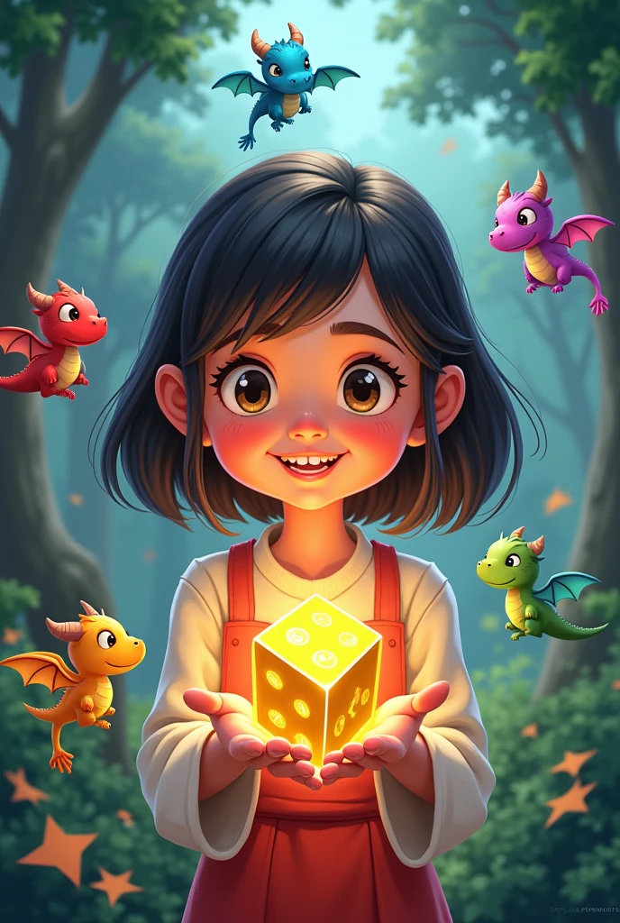 Cartoon of a girl playing with a golden magic dice and 5 tiny dragons flew around her

