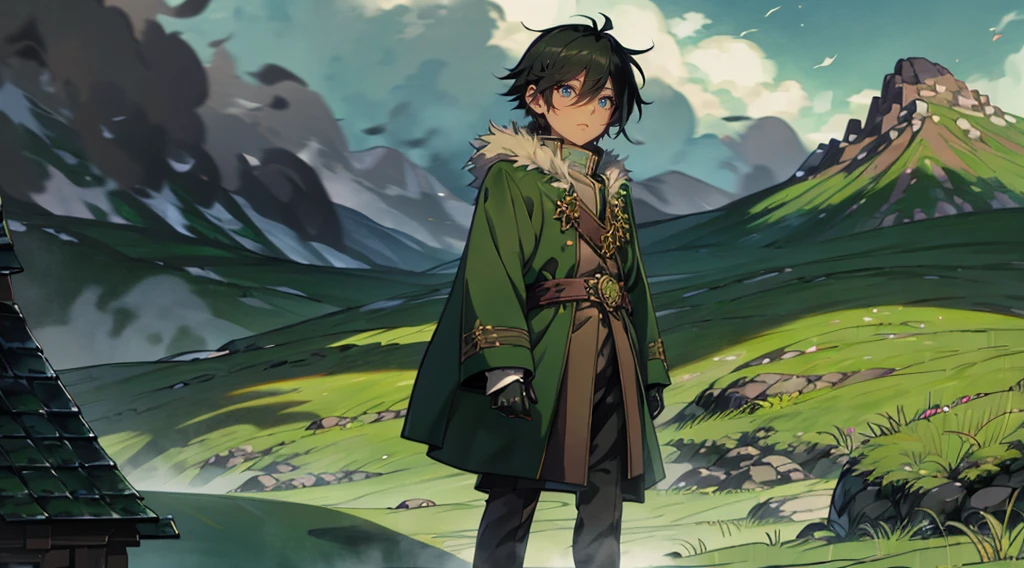 yuichiro hyakuya, (WithoutFear:1), demon king, evil face, 1 boy, black hair, green eyes, brown coat, gray armor, green shield, green cloak, dark brown gloves, castle, white fur trim, tall, anime, standing, good quality, portrait, looking at viewer