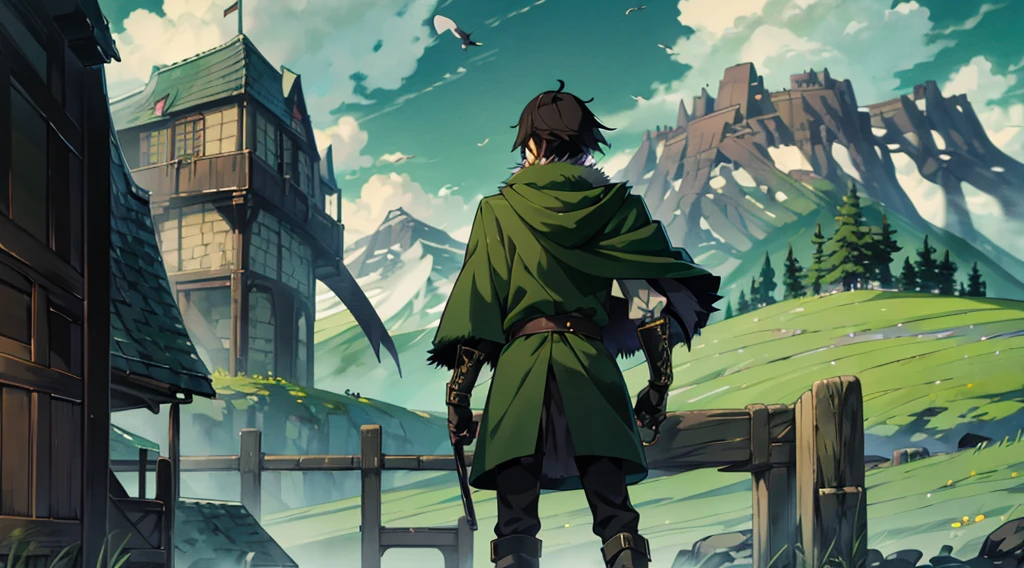 yuichiro hyakuya, (WithoutFear:1), demon king, evil face, 1 boy, black hair, green eyes, brown coat, gray armor, green shield, green cloak, dark brown gloves, castle, white fur trim, tall, anime, standing, good quality, portrait, looking at viewer