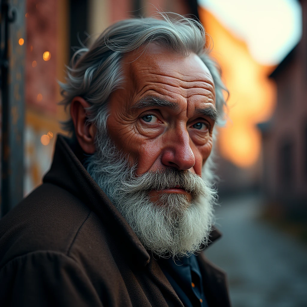 ancient russian man, looking directly at the camera, not at the center, clear facial features, bright colors, light particles, with bright light, Mushhiv, wallpaper art, UHD wallpapers, vivid atmosphere, near a house ancient village
