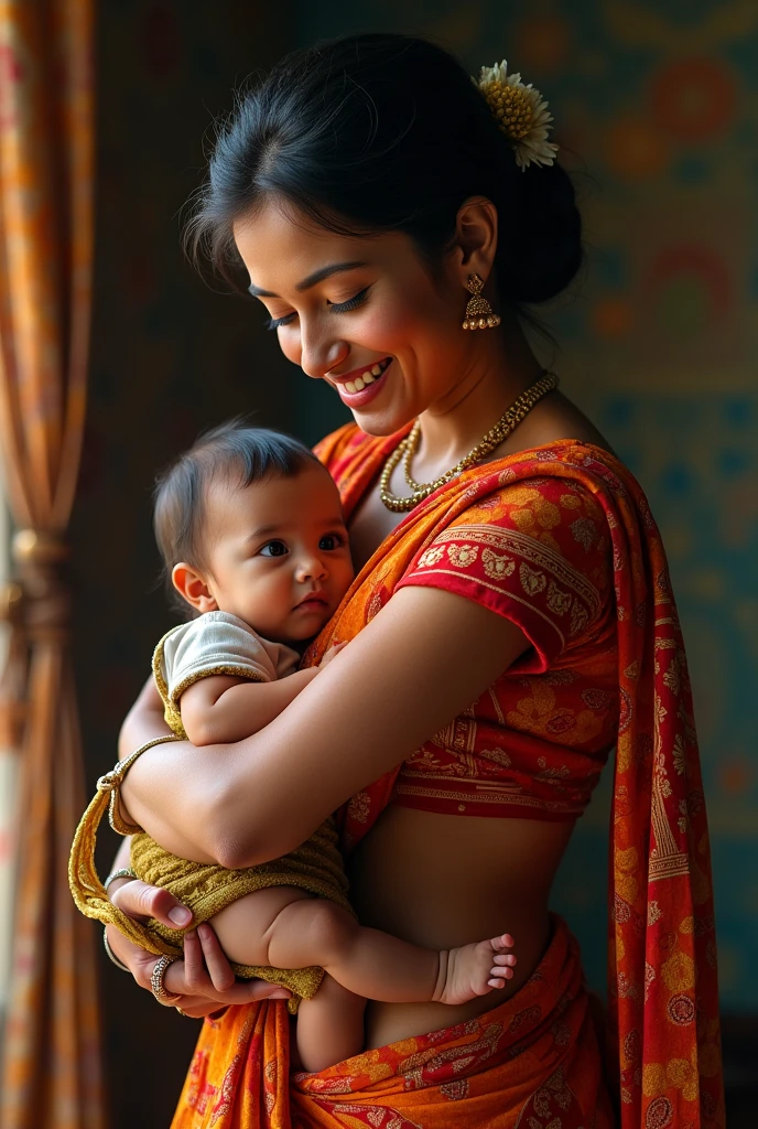 saree,indian woman,carrying baby,Best quality, 8k, 32k,detailed face,detailed eyes,ultra detailed,smilling,