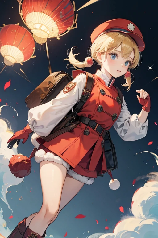 Klee's blond hair is tied in pigtails. She wears a red coat with a darker red embellishment and keyhole shapes in the hem over a white dress and shorts, as well as a fluffy scarf with a pom-pom, gloves, knee socks, boots, and a brown backpack that resembles a randoseru, a backpack commonly used by elementary school children in Japan. Attached to this bag is her Pyro Vision as well as Dodoco, a furry, woodland animal-shaped pom-pom made by her mother. Klee also wears a large red newsboy cap with a pin featuring a clover insignia and two white feathers. SPARKLE; GLITTER