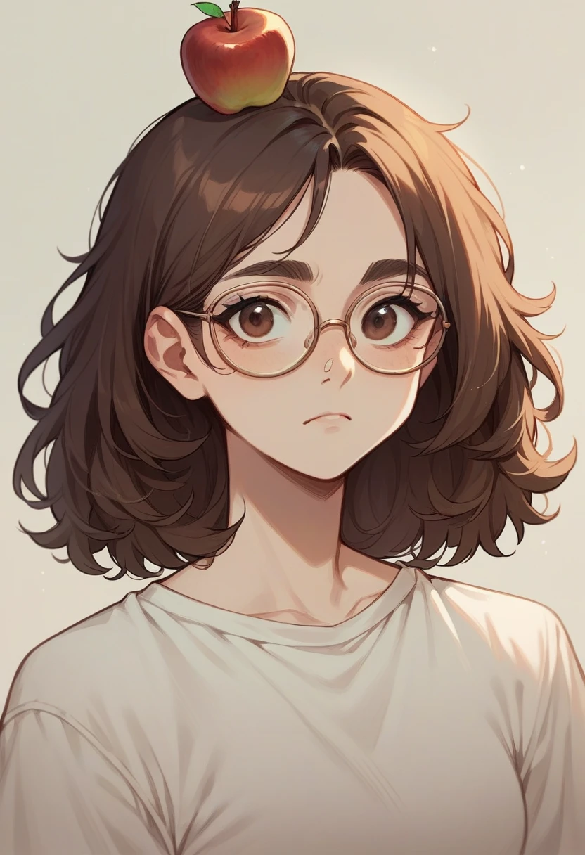 Pretty fat brunette girl, Brown eyes, small upturned nose, marked apples, with glasses, Abundant eyelashes and eyebrows.