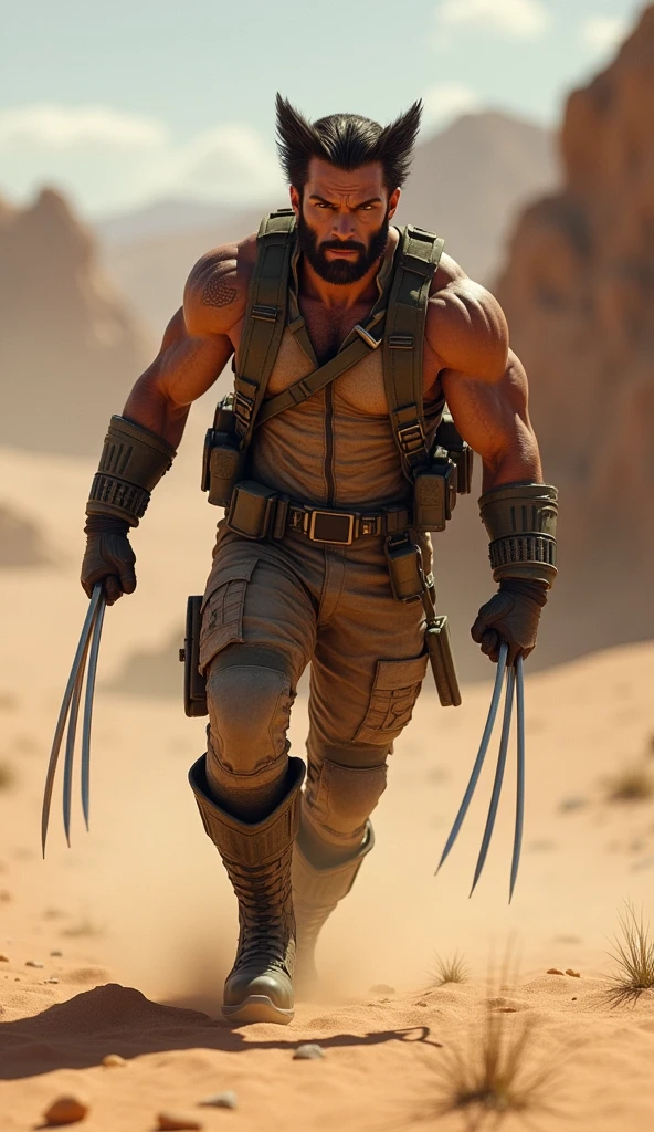 Wolverine in brown army camouflage uniform, in a desert, jumping or running. Picture farthest from the camera with as much detail and high definition as possible, HD, Realistic. Black color shaded screen background with white.