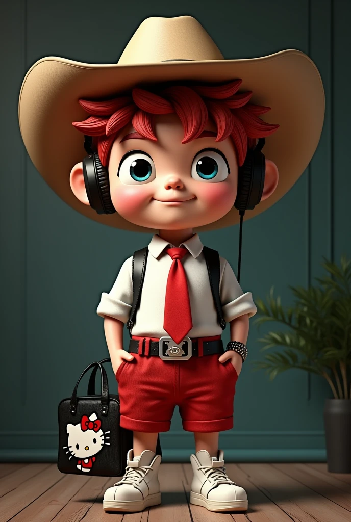 **Channeling the fierce spirit of a suave 20 year old cowboy with a wide hat, red tie, short white shirt and red shorts, there is a black "hello kitty" trendy bag🎬 Realistic 4d caricature of a big head, trendy anthropomorphic man wearing white shoes, black headphones, with red hair in a stylish layered collage; dark art, stylish innovative street art, iconic portraits, torn paper, fragmented shapes, hyper-realism with intricate details, complementary colors, soft lighting, ultra-clear textures,uhd,16k