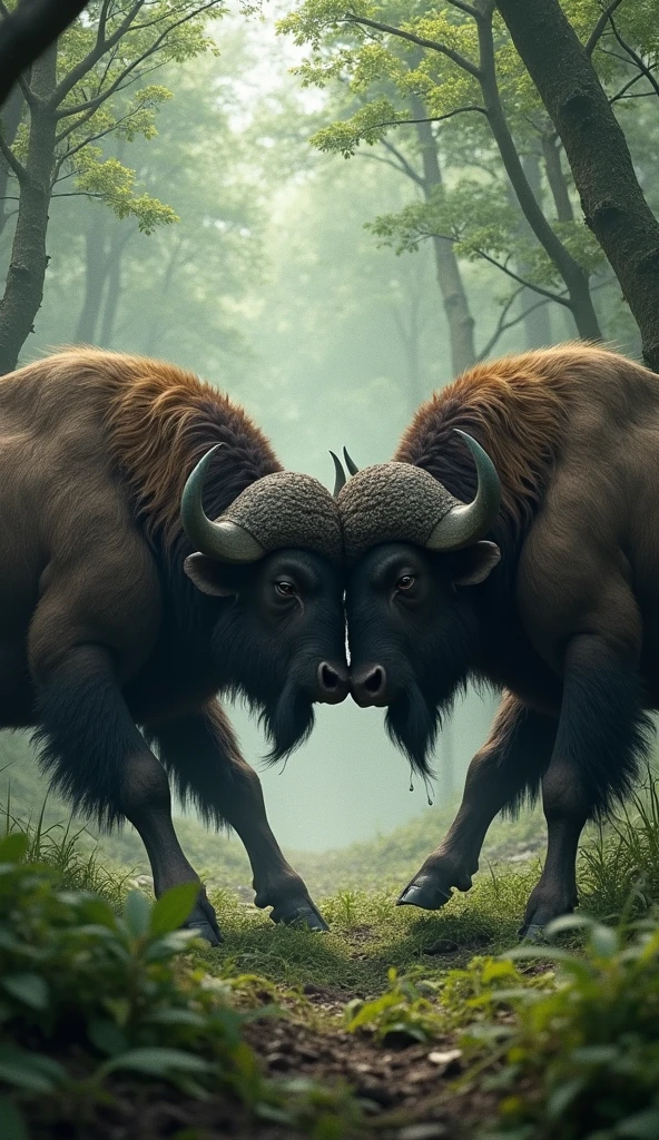 Two large wild buffaloes are fighting fiercely in the forest.