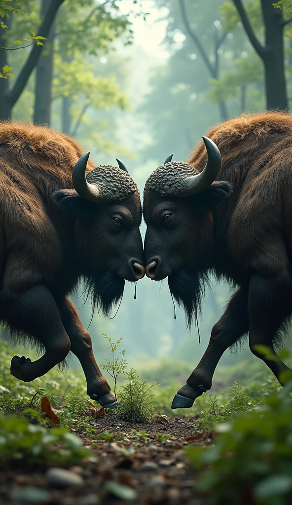 Two large wild buffaloes are fighting fiercely in the forest.