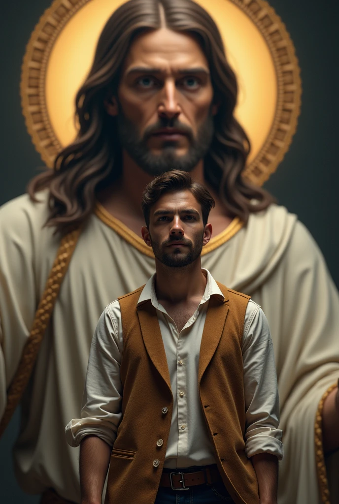 Generates an image of an architecture student with his vest and behind him the realistic Jesus