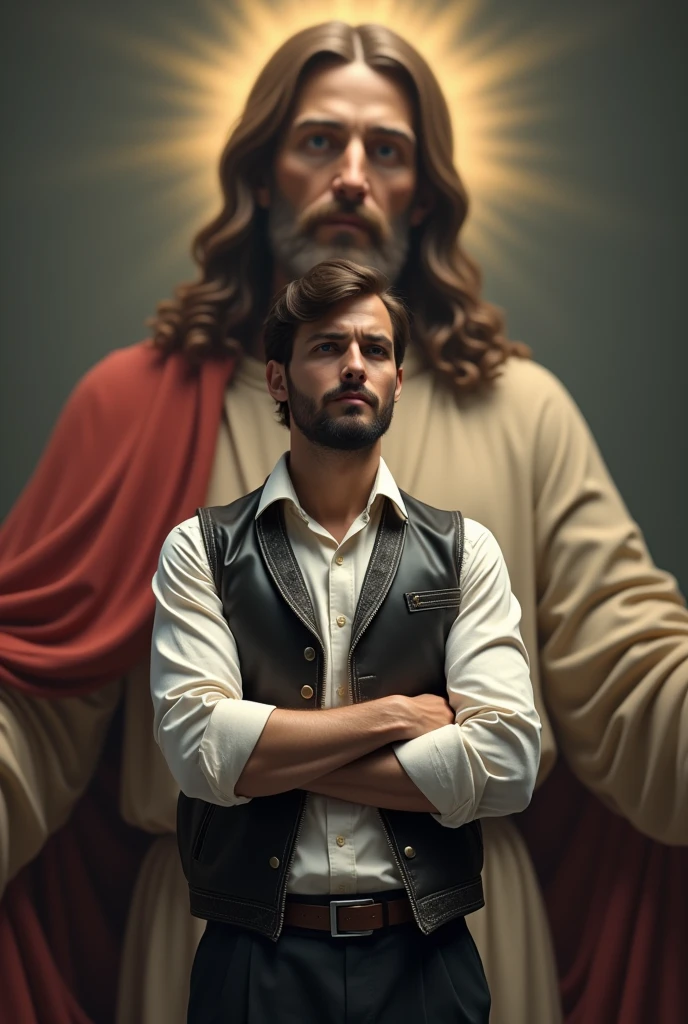 Generates an image of an architecture student with his vest and behind him the realistic Jesus