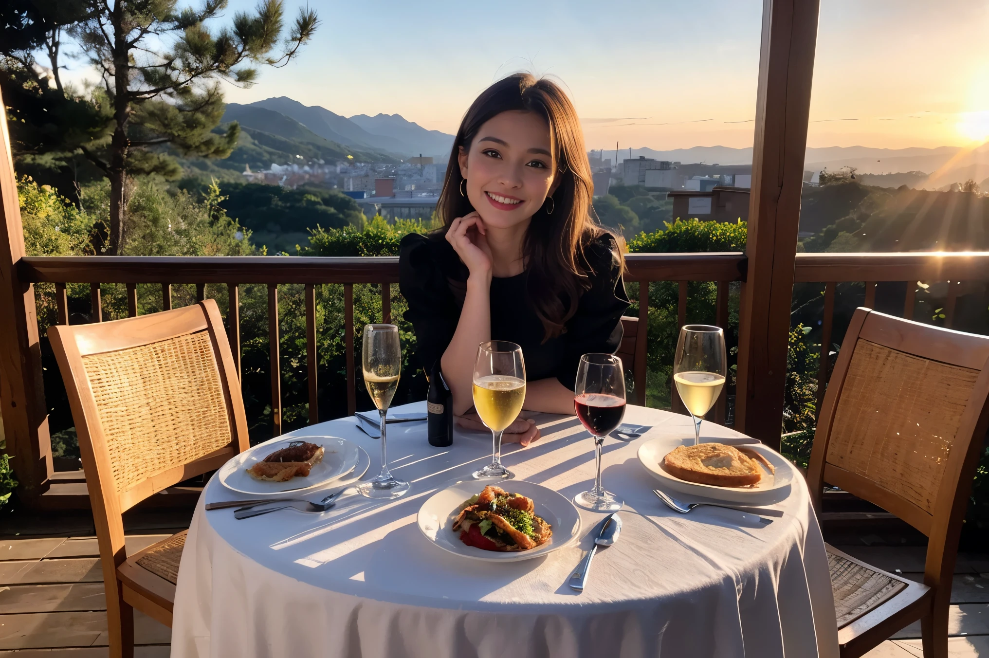 ((Highest quality、8k、masterpiece:1.3))、1 male、1 female、spouse、Beautiful couple、smile、 (Slim face), (The body is スリム), (Brown Hair), (Shortcuts), テーブルの上のwine glass、Please shine a light on my face、 Amazing view of the sunset sky and clouds、Amazing mountain views、smileの美しさ、Bright image、blush, Shortcuts,Bright Face、 (Age 35), 3, red wine 、Appetizers、Italian food、Wine bottle、Champagne、sparkling wine、Long sleeve shirt、dress、Attractive beauty、restaurant, Nova Frog Style, actress, model, Upper Body, White wine, red wine, wine glass,
