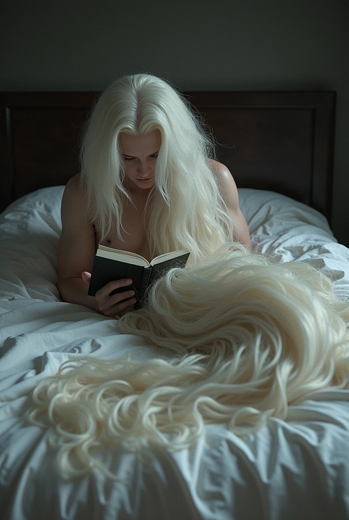 A man lies in a bed and the bed sheets are covered in the man's platinum hair The man's hair is as long as Rapunzel's . His hair is properly wavy and he is face down on the bed while reading a book, in So that his face doesn't show, he's face down, the man is thin and has a big ass.