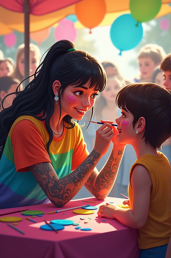 Young woman with long hair and short straight bangs, arm tattoos and nose piercing. She is sitting on a chair and next to her are brushes and colored paints., She is wearing a multi-colored t-shirt and is painting a happy face on the cheek of a  sitting in front of her.. It is a festive atmosphere, there are balloons and children waiting their turn. 