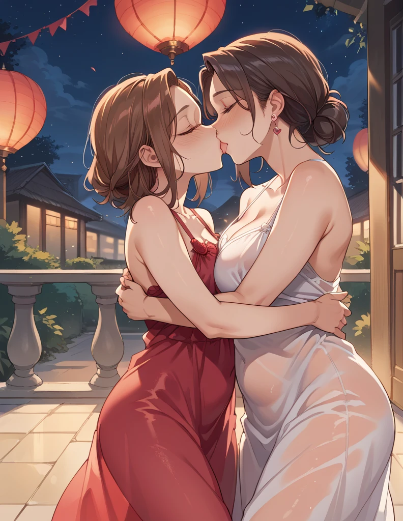 score_9, score_8_up, score_7_up, source_anime, 1boy, 1girl, mature female, mother and son, kid, hug, kissing, date night, valentine's day, romantic, loose hairs, transparent dress