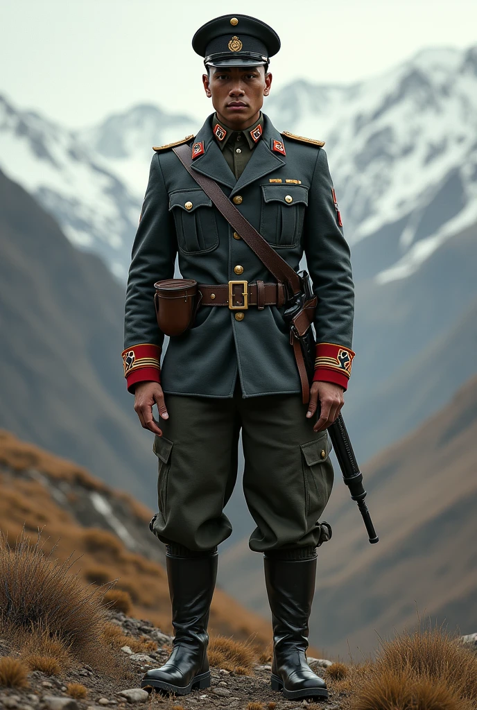 A fictional Mapuche military uniform with characteristics of a German WW2 military uniform