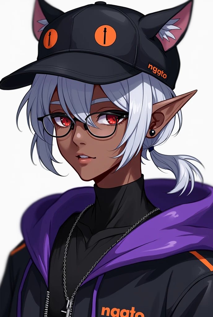 young man, Black skin tone, dark red eyes, elf ear small size, black earring in the shape of a cross but with two ears, wears prescription glasses, White hair, hair tied with ponytail, 2 strands of hair in the front, wears a black cap with a cat face, wears a closed hood with two different colors, black on one side and purple on the other, with an orange name written: NGGTO