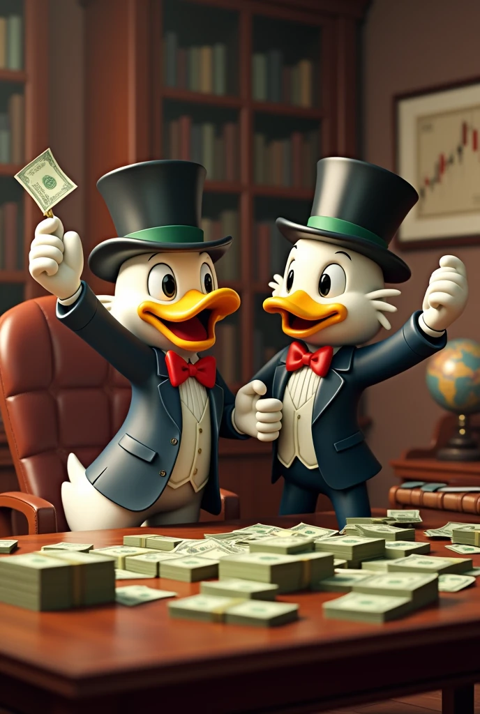 I need an image where Rico McPato appears, The Monopoly character and the kid Ricky Ricon in an office celebrating that they closed a great deal and counting dollars