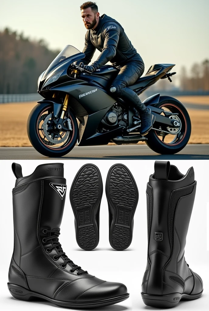 motorbike racing boots show every side of boots in multiple pictures with Savitar written on it wearing by a man on a motorbike