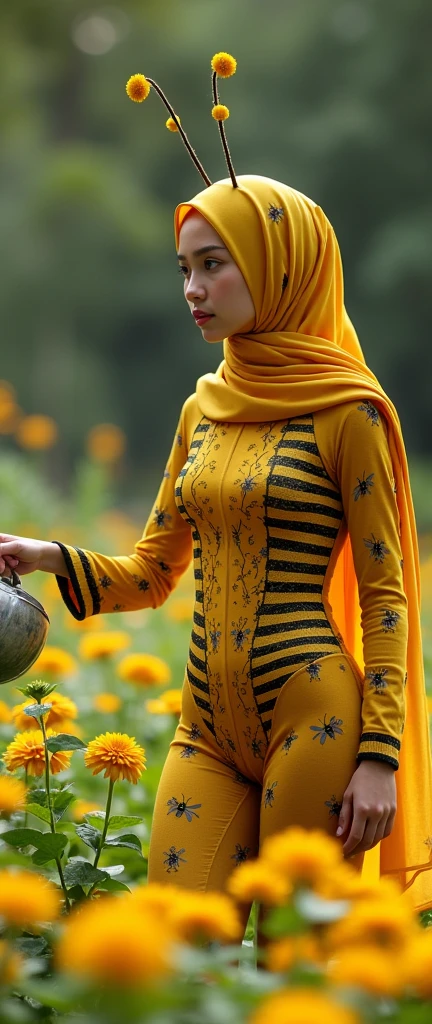 The most beautiful,thin,most pretty and clever Malaysian muslimah adult girl wears bee lycra turtleneck unitard catsuit covered with stripes.She always wear bee lycra dancewear stretchy hijab covered with many stripes with a pair of long antennae.She waters a flowers