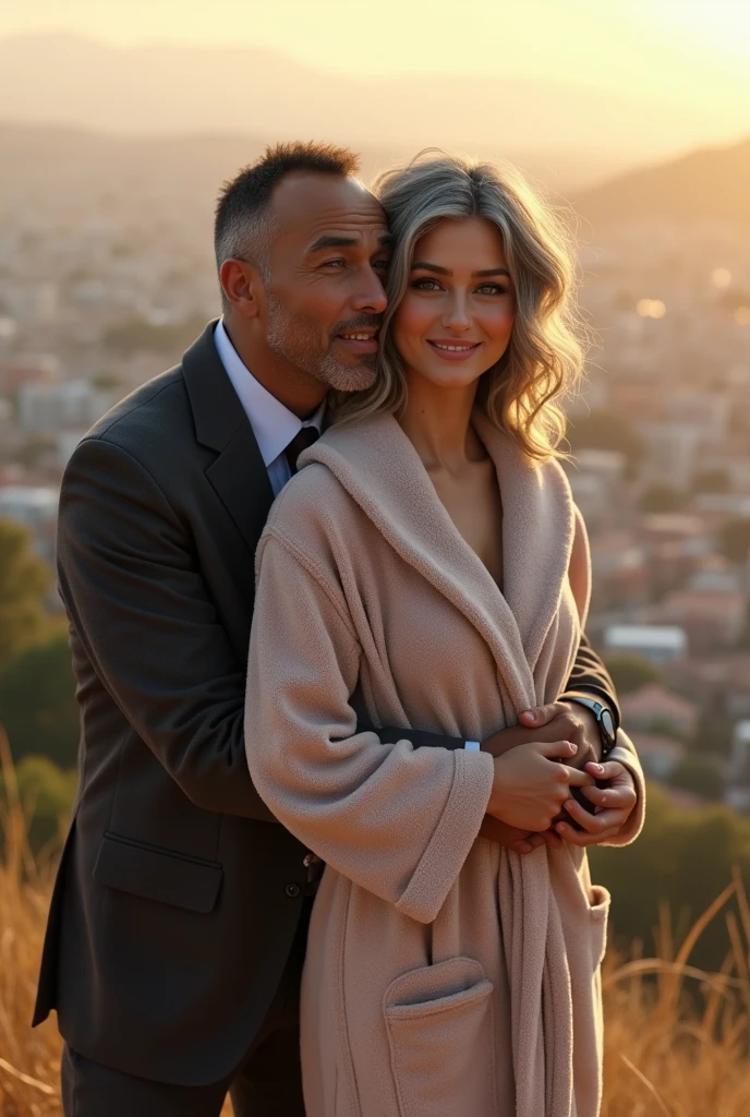A beautiful youthful looking Hispanic version of a gray haired Selena Gomez as a 50 years old woman with long her completely gray hair in a big curls styles wearing a bathrobe standing on top of a hill overlooking a big city she is overlooking a city with a black haired younger 2 man who looks like Jimmy Donaldson/MrBeast wearing a business suit with short completely black hair he is hugging her
