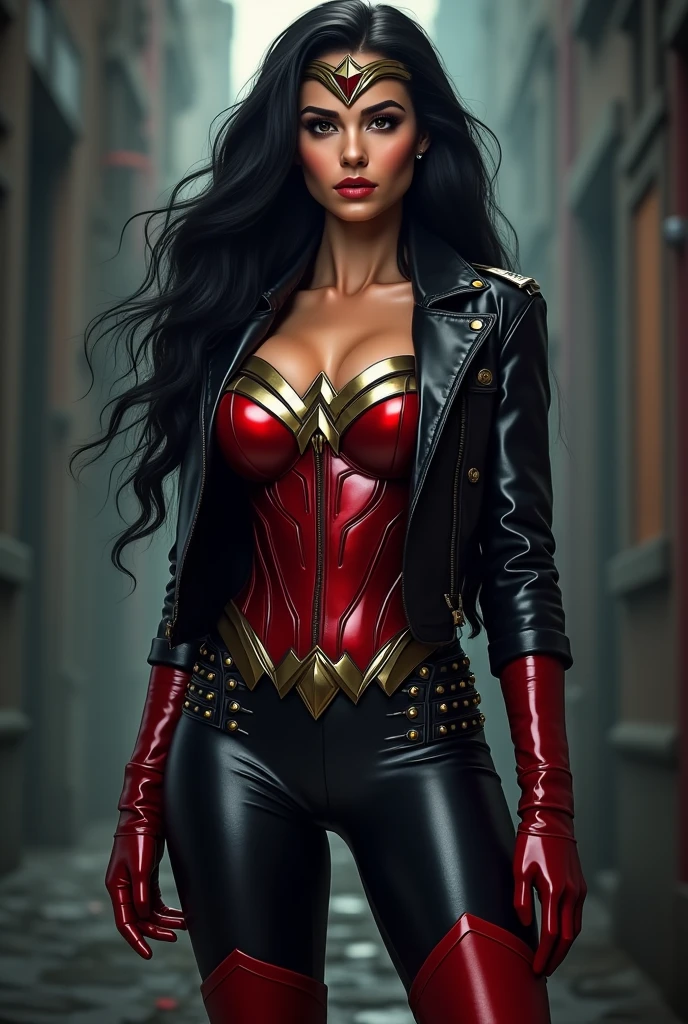 A beautiful woman, Gisele Bündchen, Wonder Woman, with long black hair, black leather jacket, red corset and black leather pants, red knee-high boots, Wonder Woman's diadem on her forehead.