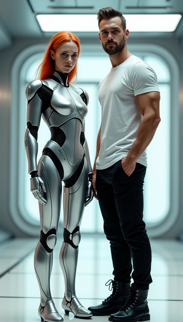 Sexual relationship between a male cyborg and a female cyborg on the roof of a skyscraper, high quality, Best quality, absurdity, masterpiece, Beautiful, complex parts, 1/2 body crops, slender body, Beautiful figure, Magnificent Anatomy, (complex parts:1.12), HDR, (complex parts, hyperdetailing:1.15), (natural skin textures, hyperrealistic, soft light, spicy:1.2)