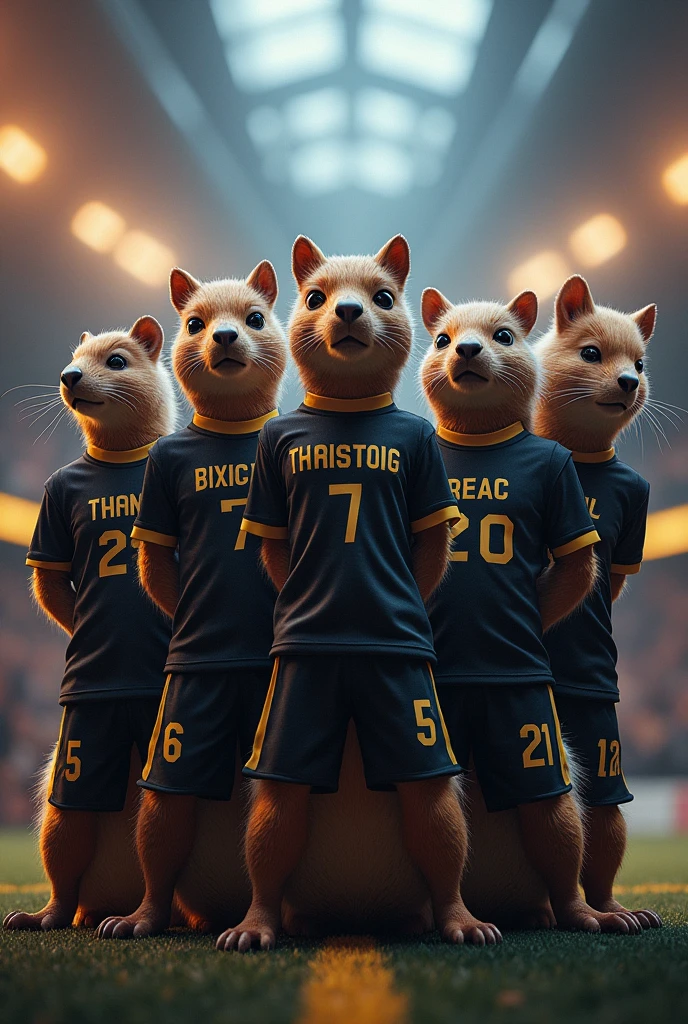 draw 5 Chilean degus, who are professional eSports players, with football shirts, black with gold details, I want their name to be seen on every shirt, The names of each one would be: "Thaend" , "Bixitto", "7zeik", "Mouthpieces" and "Reac"