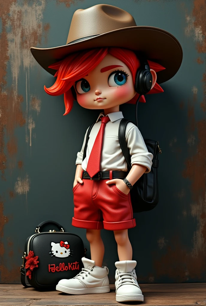 **Channeling the fierce spirit of a suave 20 year old cowboy with a wide hat, red tie, short white shirt and red shorts, there is a black "hello kitty" trendy bag🎬 Realistic 4d caricature of a big head, trendy anthropomorphic man wearing white shoes, black headphones, with red hair in a stylish layered collage; dark art, stylish innovative street art, iconic portraits, torn paper, fragmented shapes, hyper-realism with intricate details, complementary colors, soft lighting, ultra-clear textures,uhd,16k