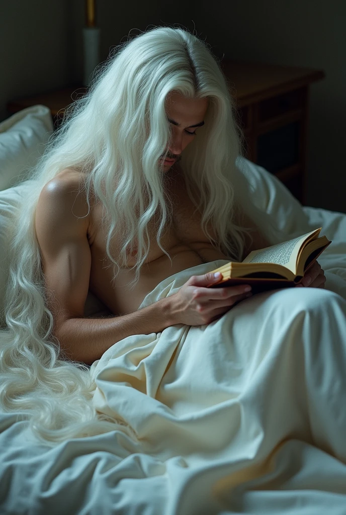 A man lies in a bed and the bed sheets are covered in the man's platinum hair The man's hair is as long as Rapunzel's . His hair is properly wavy and he is face down on the bed while reading a book, in So that his face doesn't show, he's face down, the man is thin and has a big ass.
