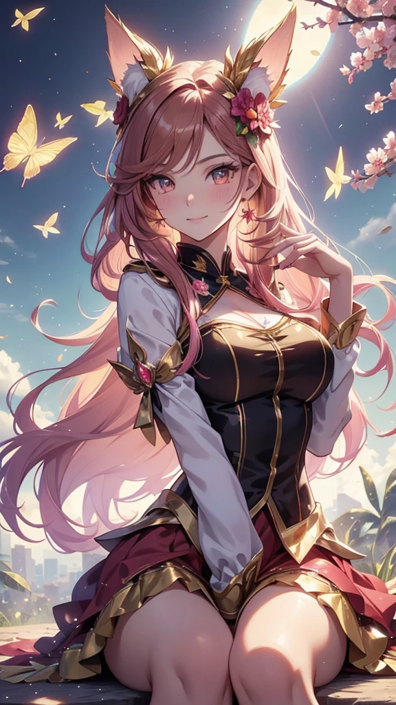 (best quality,4k,8k,highres,masterpiece:1.2),ultra-detailed,(realistic,photorealistic,photo-realistic:1.37),acrylic painting,beautiful Brazilian model in a uniform outfit red and gold with downy hair,beautiful Brazilian model with extremely colorful brown hair and detailed facial features,beautiful Brazilian model standing in a beautiful garden surrounded by a starry sky,pink hair,beautiful Brazilian model wearing a vibrant rose pinkl and gold uniform outfit,beautiful Brazilian model with intricate accessories,cat ears, ,beautiful Brazilian model with long flowing twintails,beautiful Brazilian model with bright brown eyes and rosy lips,beautiful Brazilian model with a joyful expression,beautiful Brazilian model in a dynamic pose with cherry blossoms falling around her,beautiful Brazilian model surrounded by colorful flowers and butterflies,beautiful Brazilian model's school uniform outfit adorned with cute bows and lace details red and gold,beautiful Brazilian model with an enchanting smile,beautiful Brazilian model with soft, pastel-colored shading,beautiful Brazilian model with a magical glow illuminating her,beautiful Brazilian model in a picturesque setting with a winding path leading to a magnificent castle,beautiful Brazilian model with a fairytale-like background,beautiful Brazilian model with a soft, dreamy atmosphere,beautiful Brazilian model with a subtle bokeh effect,beautiful Brazilian model standing under a sunny sky,beautiful Brazilian model with a warm, golden sunset in the background,beautiful Brazilian model surrounded by twinkling stars and colorful nebulae,creating an ethereal and captivating artistic masterpiece, sitting down, facing camera, uniform outfit genshin