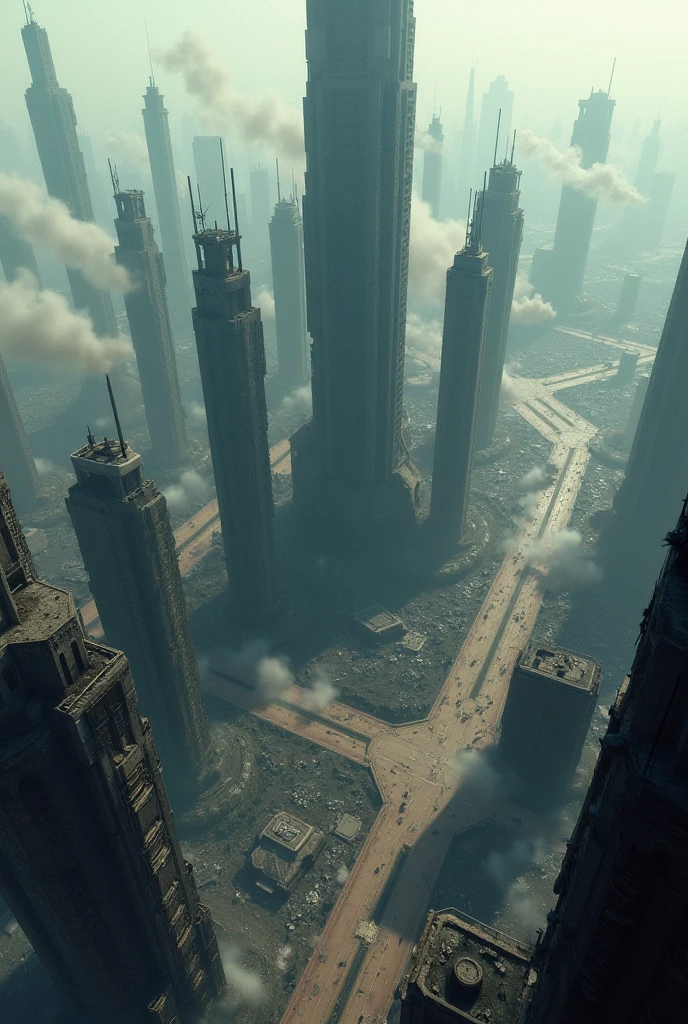 Ariel view of a rampaged futuristic city 