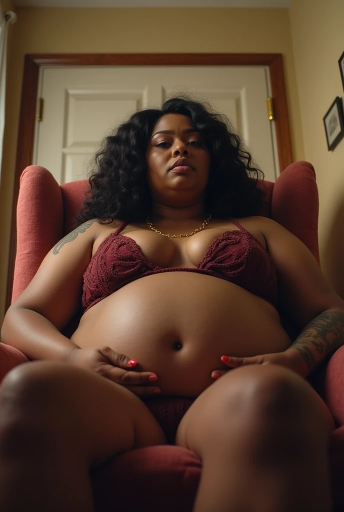 Your POV view from below when Cardi B&#39;s plus size stepmother who is heavily pregnant and sitting on a chair at home with a giant and tall posture and a little tattooed. HD, cinematic, Photorealistic, fisheye camera view, iphone camera style