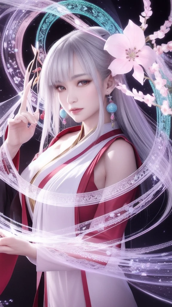 (masterpiece, top quality, 1 female, solo, exquisite details, chromatic aberration), (realistic), (skin), ((breathing)), (silver hair, blunt bangs, cropped straight long hair, short bangs, silver hair), beautiful hair, red headdress, highlights, hair on one eye, beautiful eyes, purple eyes, thick lips, earrings, piercing eyes, ((gold and white kimono)), ((symmetrical eyes)), ((perfectly symmetrical body)), ((perfectly symmetrical hands)), (purerosface_v1:0.3), full moon night, ((self, natural light))), bright lighting, flowers blooming in background, in front of viewer, ((central shot, from the front, (face and shoulders))), mysterious atmosphere, colorful flowers blooming around, bright colored background, shrine maiden in kimono, beautiful shrine maiden, Shrine maiden, fantasy female shrine maiden, female fortune telling shrine maiden, fantasy photography, Japanese style, elegant cinematic fantasy art, fantasy woman, sorceress portrait, powerful wizard surrounded by mystical colorful flowers, holding a glowing heart crystal ball, eyes glowing with mystical energy, spells leaking from her mouth, vibrant sorcery vortexes pulsating with rainbow hues appear in the air, magic permeates, flowers bloom, sacred creatures gaze in awe, threads of magical energy dance, reveal hidden realms, unravel secrets, capture the essence of this enchanting moment and bring to life the mystical power of sorcery on a canvas of the highest quality and finest detail. Top quality, masterpiece, ultra high resolution, (photorealistic: 1.4), RAW photo, sharp focus, high resolution, detailed skin.
Flowers blooming all around, bright colored background, fortune teller in kimono, beautiful fortune teller, fortune teller, fantasy female fortune teller, female fortune teller, fantasy photography, Japanese style, fortune teller in kimono, elegant cinematic fantasy art, fantasy woman, magician portrait, fortune teller, powerful wizard surrounded by mystical colorful flowers, holding a glowing heart c