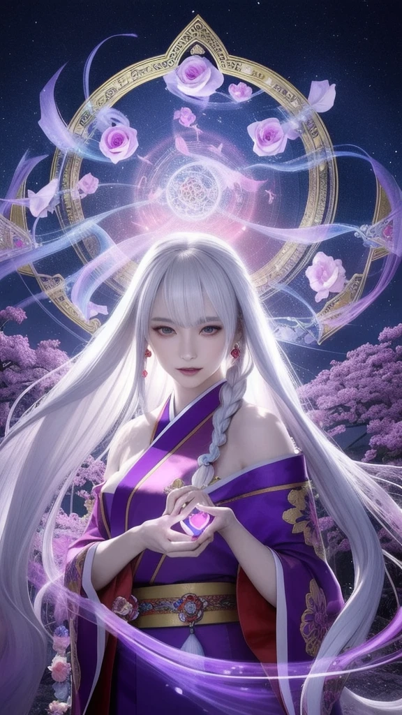 (masterpiece, top quality, 1 female, solo, exquisite details, chromatic aberration), (realistic), (skin), ((breathing)), (silver hair, blunt bangs, cropped straight long hair, short bangs, silver hair), beautiful hair, red headdress, highlights, hair on one eye, beautiful eyes, purple eyes, thick lips, earrings, piercing eyes, ((gold and white kimono)), ((symmetrical eyes)), ((perfectly symmetrical body)), ((perfectly symmetrical hands)), (purerosface_v1:0.3), full moon night, ((self, natural light))), bright lighting, flowers blooming in background, in front of viewer, ((central shot, from the front, (face and shoulders))), mysterious atmosphere, colorful flowers blooming around, bright colored background, shrine maiden in kimono, beautiful shrine maiden, Shrine maiden, fantasy female shrine maiden, female fortune telling shrine maiden, fantasy photography, Japanese style, elegant cinematic fantasy art, fantasy woman, sorceress portrait, powerful wizard surrounded by mystical colorful flowers, holding a glowing heart crystal ball, eyes glowing with mystical energy, spells leaking from her mouth, vibrant sorcery vortexes pulsating with rainbow hues appear in the air, magic permeates, flowers bloom, sacred creatures gaze in awe, threads of magical energy dance, reveal hidden realms, unravel secrets, capture the essence of this enchanting moment and bring to life the mystical power of sorcery on a canvas of the highest quality and finest detail. Top quality, masterpiece, ultra high resolution, (photorealistic: 1.4), RAW photo, sharp focus, high resolution, detailed skin.
Flowers blooming all around, bright colored background, fortune teller in kimono, beautiful fortune teller, fortune teller, fantasy female fortune teller, female fortune teller, fantasy photography, Japanese style, fortune teller in kimono, elegant cinematic fantasy art, fantasy woman, magician portrait, fortune teller, powerful wizard surrounded by mystical colorful flowers, holding a glowing heart c
