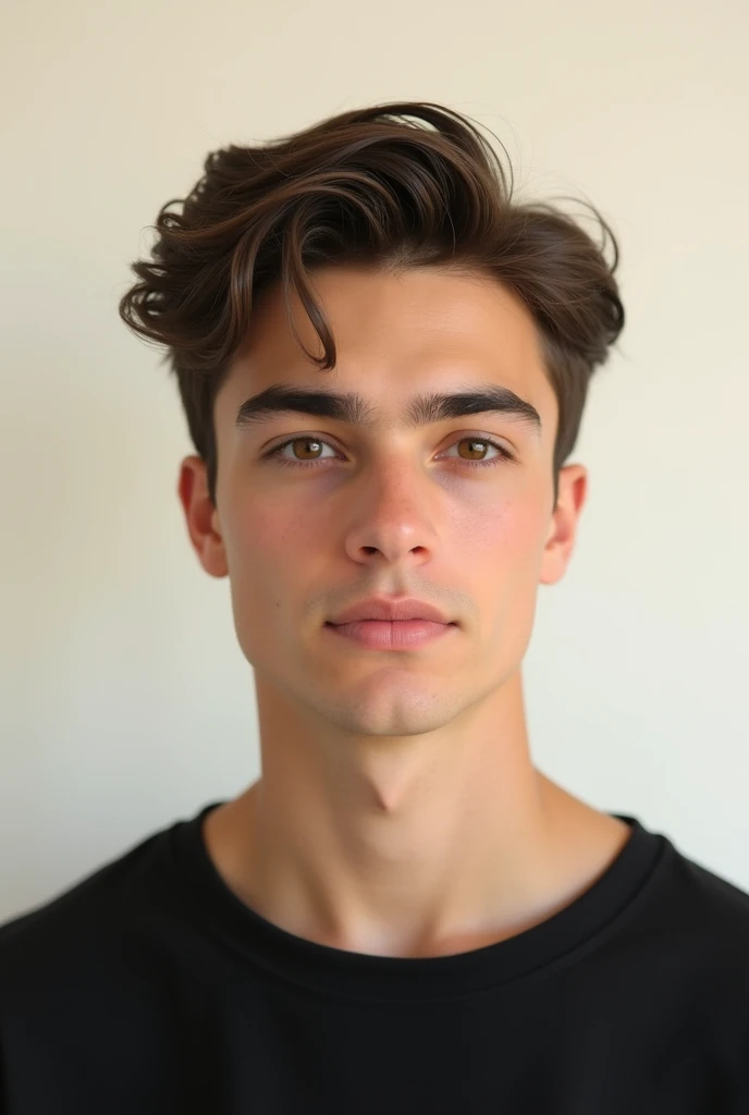 Create man face, 21 years, brown eyes and brown hair, offwhite, wearing a basic black shirt