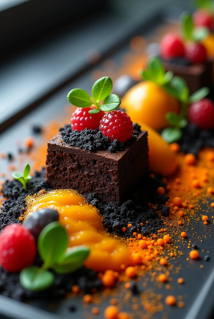  you can create a platter that is The dessert is designed to evoke a post-apocalyptic experience. In the middle, The dark chocolate brownie symbolizes the core of a devastated landscape, Covered with roasted lemon powder that mimics ashes and provides a crunchy texture. around, A caramel praline with notes of orange and spices, decorated with quipitos, creates a visual explosion effect and a crunchy texture. Mango and passion fruit coulis, in orange and yellow drops, Simulates flowing lava with vibrant contrast.

Edible charcoal, spread around the brownie, represents destruction with its deep black color. Edible powders in neon colors (red, yellow and orange) add bright and contrasting details. Dry ice provides an enveloping smoke effect, intensifying the dramatic atmosphere. Finally, edible plants, like mache leaves and watercress, They symbolize the resilience of life in desolate environments, evoking the flora that persists in areas affected by nuclear disasters such as Chernobyl. Put this in and see what it throws at you
