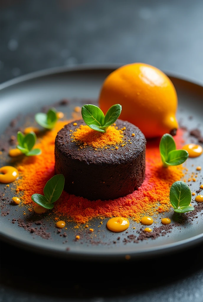  you can create a platter that is The dessert is designed to evoke a post-apocalyptic experience. In the middle, The dark chocolate brownie symbolizes the core of a devastated landscape, Covered with roasted lemon powder that mimics ashes and provides a crunchy texture. around, A caramel praline with notes of orange and spices, decorated with quipitos, creates a visual explosion effect and a crunchy texture. Mango and passion fruit coulis, in orange and yellow drops, Simulates flowing lava with vibrant contrast.

Edible charcoal, spread around the brownie, represents destruction with its deep black color. Edible powders in neon colors (red, yellow and orange) add bright and contrasting details. Dry ice provides an enveloping smoke effect, intensifying the dramatic atmosphere. Finally, edible plants, like mache leaves and watercress, They symbolize the resilience of life in desolate environments, evoking the flora that persists in areas affected by nuclear disasters such as Chernobyl. Put this in and see what it throws at you