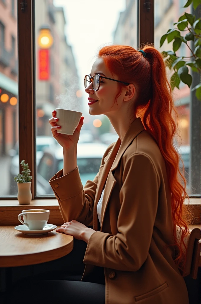 An attractive young woman with fair skin and red hair, long and wavy, tied in a high ponytail. She is wearing glasses, in a coffee shop overlooking the city landscape, with an expression of happiness. She wears a tight-fitting brown coat.. Her body is curvy, fleshy lips, with wide hips and a thin waist
