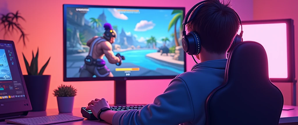 create an image of a streamer playing overwatch but horizontally so that the whole set up can be seen and that the streamer can be seen from behind, not from the side, please and that the image can be seen horizontally and that it looks animated, animated, ANIMATED, NOT A REAL PERSON