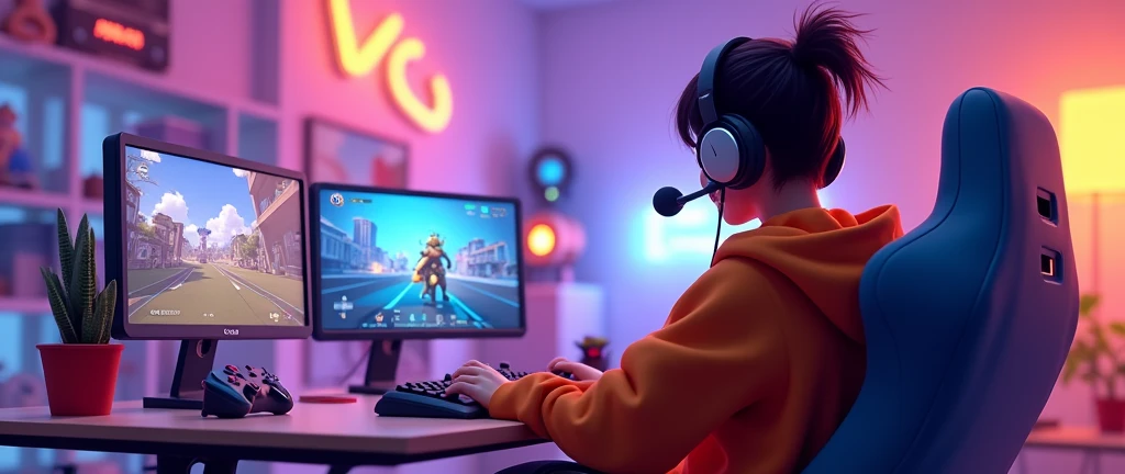 create an image of a streamer playing overwatch but horizontally so that the whole set up can be seen and that the streamer can be seen from behind, not from the side, please and that the image can be seen horizontally and that it looks animated, animated, ANIMATED, NOT A REAL PERSON