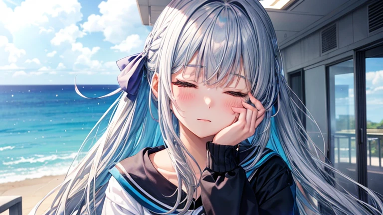 1 girl, alone, College girl style,Akane,Blue and silver hair, I close my eyes because I&#39;m blind,Girly clothes, sweater,skirt, ((Anime Style))、((2D))、(((ponytail)))、Western-style hotel room,Sitting in physical education,